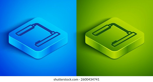 Isometric line Table lamp icon isolated on blue and green background. Table office lamp. Square button. Vector Illustration