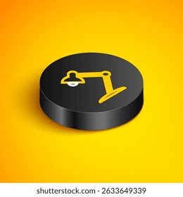 Isometric line Table lamp icon isolated on yellow background. Table office lamp. Black circle button. Vector