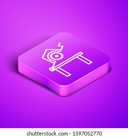 Isometric line Table saw for woodwork icon isolated on purple background. Power saw bench. Purple square button. Vector Illustration