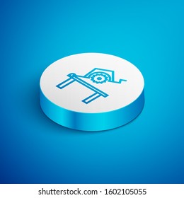 Isometric line Table saw for woodwork icon isolated on blue background. Power saw bench. White circle button. Vector Illustration