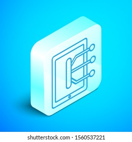 Isometric line Tablet icon isolated on blue background. Silver square button. Vector Illustration