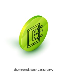 Isometric line Tablet icon isolated on white background. Green circle button. Vector Illustration