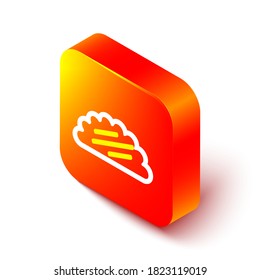 Isometric line Taco with tortilla icon isolated on white background. Traditional mexican fast food menu. Orange square button. Vector Illustration