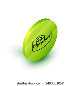 Isometric line Tape measure icon isolated on white background. Measuring tape. Green circle button. Vector Illustration
