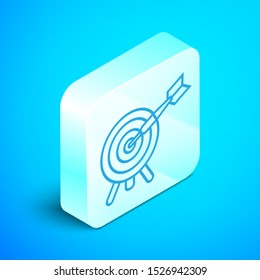 Isometric line Target with arrow icon isolated on blue background. Dart board sign. Archery board icon. Dartboard sign. Business goal concept. Silver square button. Vector Illustration