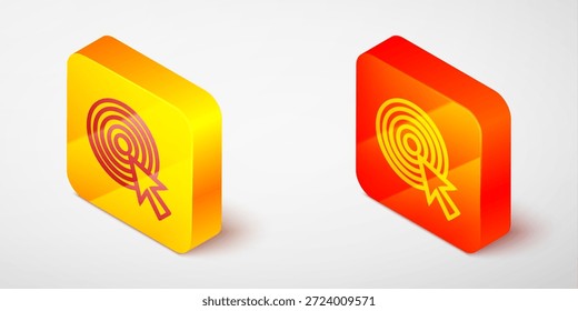 Isometrische Linie Ziel mit Pfeilsymbol einzeln auf grauem Hintergrund. Dart-Board-Zeichen. Symbol für das Bogenschießbrett. Dartboard-Zeichen. Geschäftszielkonzept. Gelber und orangefarbener quadratischer Knopf. Vektorgrafik