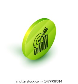 Isometric line Target with coin symbol icon isolated on white background. Investment target icon. Successful business concept. Cash or Money sign.  Green circle button. Vector Illustration