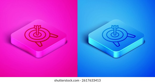 Isometric line Target financial goal concept icon isolated on pink and blue background. Symbolic goals achievement, success. Square button. Vector