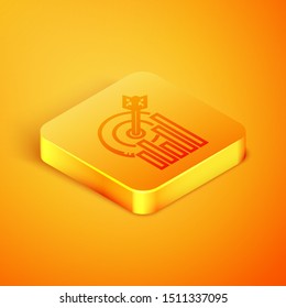 Isometric line Target with graph chart icon isolated on orange background. Report text file icon. Accounting sign. Audit, analysis, planning. Orange square button. Vector Illustration