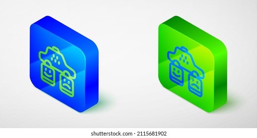 Isometric line Taxi service rating icon isolated grey background. Blue and green square button. Vector
