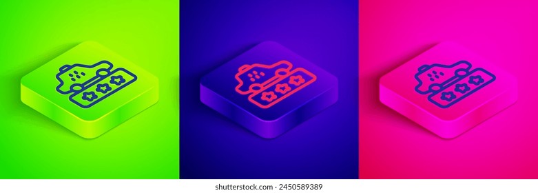 Isometric line Taxi service rating icon isolated on green, blue and pink background. Square button. Vector
