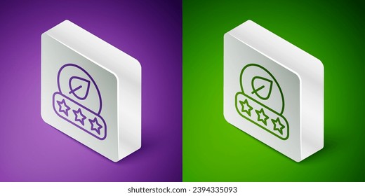 Línea isométrica Icono de hoja de té aislado en fondo morado y verde. Hojas de té. Botón cuadrado plateado. Vector