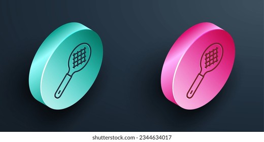 Isometric line Tea strainer with handle icon isolated on black background. Metal sieve. Turquoise and pink circle button. Vector