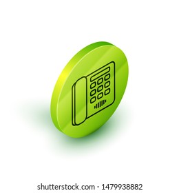 Isometric line Telephone icon isolated on white background. Landline phone. Green circle button. Vector Illustration