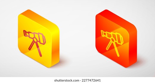 Icono de línea isométrica del telescopio aislado en fondo gris. Herramienta científica. Elemento educativo y astronómico, vidrio espía y estrellas de estudio. Botón cuadrado amarillo y naranja. Vector