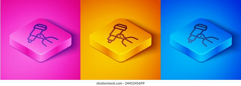 Isometric line Telescope icon isolated on pink and orange, blue background. Scientific tool. Education and astronomy element, spyglass and study stars. Square button. Vector