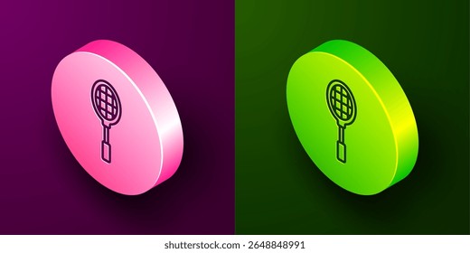 Isometric line Tennis racket icon isolated on purple and green background. Sport equipment. Circle button. Vector Illustration