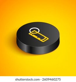 Isometric line Tequila glass with lemon icon isolated on yellow background. Mexican alcohol drink. Black circle button. Vector