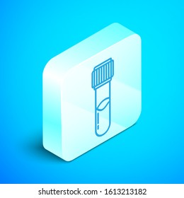 Isometric line Test tube and flask chemical laboratory test icon isolated on blue background. Laboratory glassware sign. Silver square button. Vector Illustration