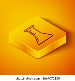 Isometric line Test tube and flask icon isolated on orange background. Chemical laboratory test. Laboratory glassware. Yellow square button. Vector Illustration