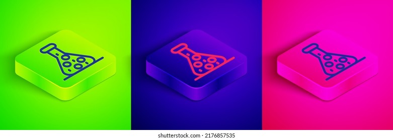 Línea isométrica Tubo de ensayo y icono de ensayo de laboratorio químico del matraz aislado en fondo verde, azul y rosa. Señal de vidrio de laboratorio. Botón cuadrado. Vector