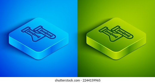 Isometric line Test tube and flask chemical laboratory test icon isolated on blue and green background. Laboratory glassware sign. Square button. Vector