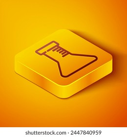 Línea isométrica Tubo de prueba e icono de matraz aislado sobre fondo naranja. Prueba química de laboratorio. Cristalería de laboratorio. Botón cuadrado amarillo. Vector