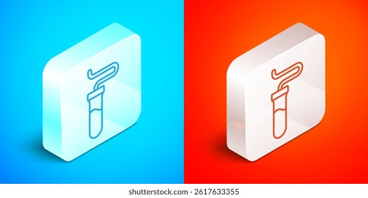 Isometric line Test tube and flask chemical laboratory test icon isolated on blue and red background. Laboratory glassware sign. Silver square button. Vector