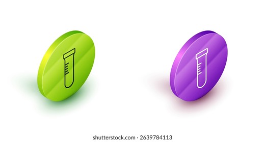 Isometric line Test tube and flask chemical laboratory test icon isolated on white background. Laboratory glassware sign. Green and purple circle buttons. Vector