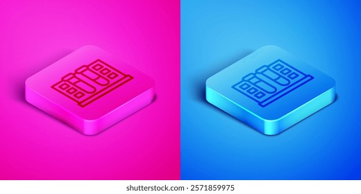 Isometric line Test tube with water drop icon isolated on pink and blue background. Square button. Vector