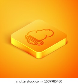 Isometric line Thermometer and cloud icon isolated on orange background. Orange square button. Vector Illustration