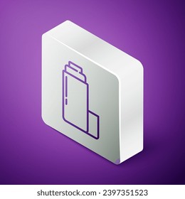 Icono del contenedor Thermos de línea isométrica aislado en fondo morado. Icono del matraz térmico. Equipo de camping y senderismo. Botón cuadrado plateado. Vector