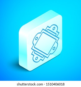 Isometric line Ticket icon isolated on blue background. Amusement park. Silver square button. Vector Illustration