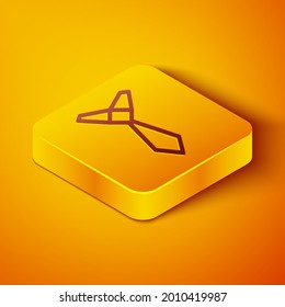 Isometrische Linie Tie Symbol einzeln auf orangefarbenem Hintergrund. Necktie- und Halsbekleidungssymbol. Gelber Quadrat-Knopf. Vektorgrafik