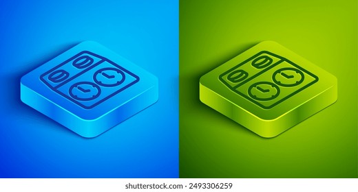 Isometric line Time chess clock icon isolated on blue and green background. Sport equipment. Square button. Vector