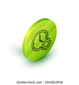 Isometric line Time Management icon isolated on white background. Clock and gear sign. Productivity symbol. Green circle button. Vector Illustration
