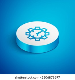 Isometric line Time Management icon aislado en fondo azul. Señal de reloj y marcha. Símbolo de productividad. Botón Círculo blanco. Vector