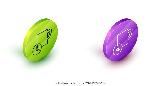 Isometric line Time management icon isolated on white background. Clock and coffee cup sign. Productivity symbol. Green and purple circle buttons. Vector