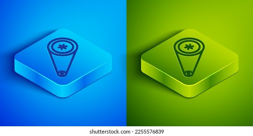 Isometric line Timing belt kit icon isolated on blue and green background. Square button. Vector Illustration