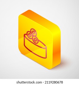 Isometric line Tin can with caviar icon isolated on grey background. Yellow square button. Vector