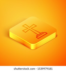 Isometric line Tombstone with cross icon isolated on orange background. Grave icon. Orange square button. Vector Illustration