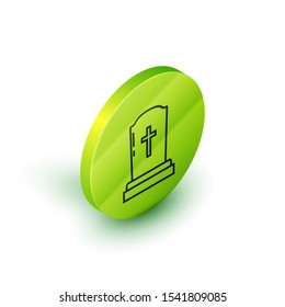 Isometric line Tombstone with cross icon isolated on white background. Grave icon. Green circle button. Vector Illustration