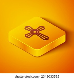 Isometric line Tombstone with cross icon isolated on orange background. Grave icon. Yellow square button. Vector