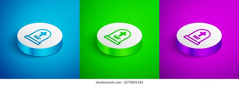 Isometric line Tombstone with cross icon isolated on blue,green and purple background. Grave icon. Happy Halloween party. White circle button. Vector