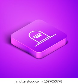 Isometric line Tombstone with RIP written on it icon isolated on purple background. Grave icon. Purple square button. Vector Illustration