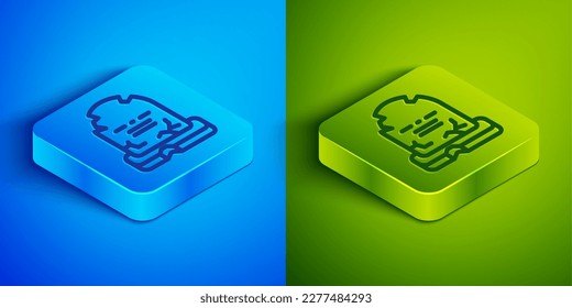 Línea isométrica Tombstone con RIP escrito en su icono aislado de fondo azul y verde. Icono de gravedad. Feliz fiesta de Halloween. Botón cuadrado. Vector