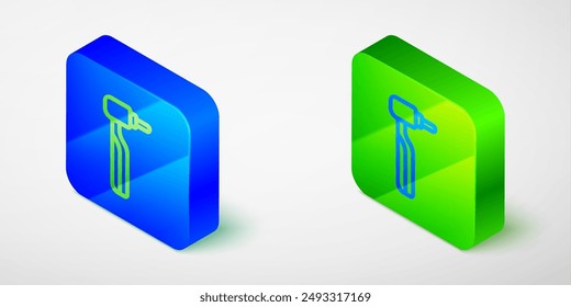 Isometric line Tooth drill icon isolated on grey background. Dental handpiece for drilling and grinding tools. Blue and green square button. Vector