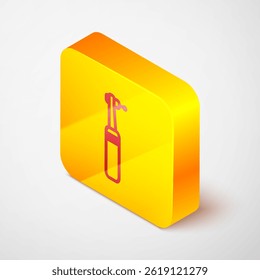 Isometric line Tooth drill icon isolated on grey background. Dental handpiece for drilling and grinding tools. Medical instrument. Yellow square button. Vector Illustration