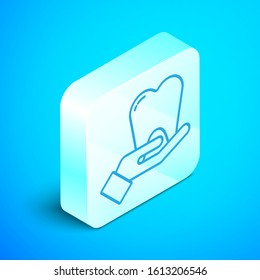 Isometric line Tooth icon isolated on blue background. Tooth symbol for dentistry clinic or dentist medical center and toothpaste package. Silver square button. Vector Illustration