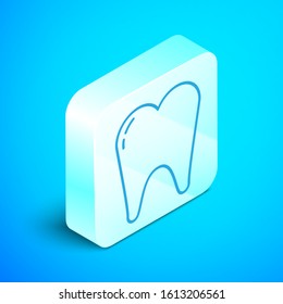 Isometric line Tooth icon isolated on blue background. Tooth symbol for dentistry clinic or dentist medical center and toothpaste package. Silver square button. Vector Illustration